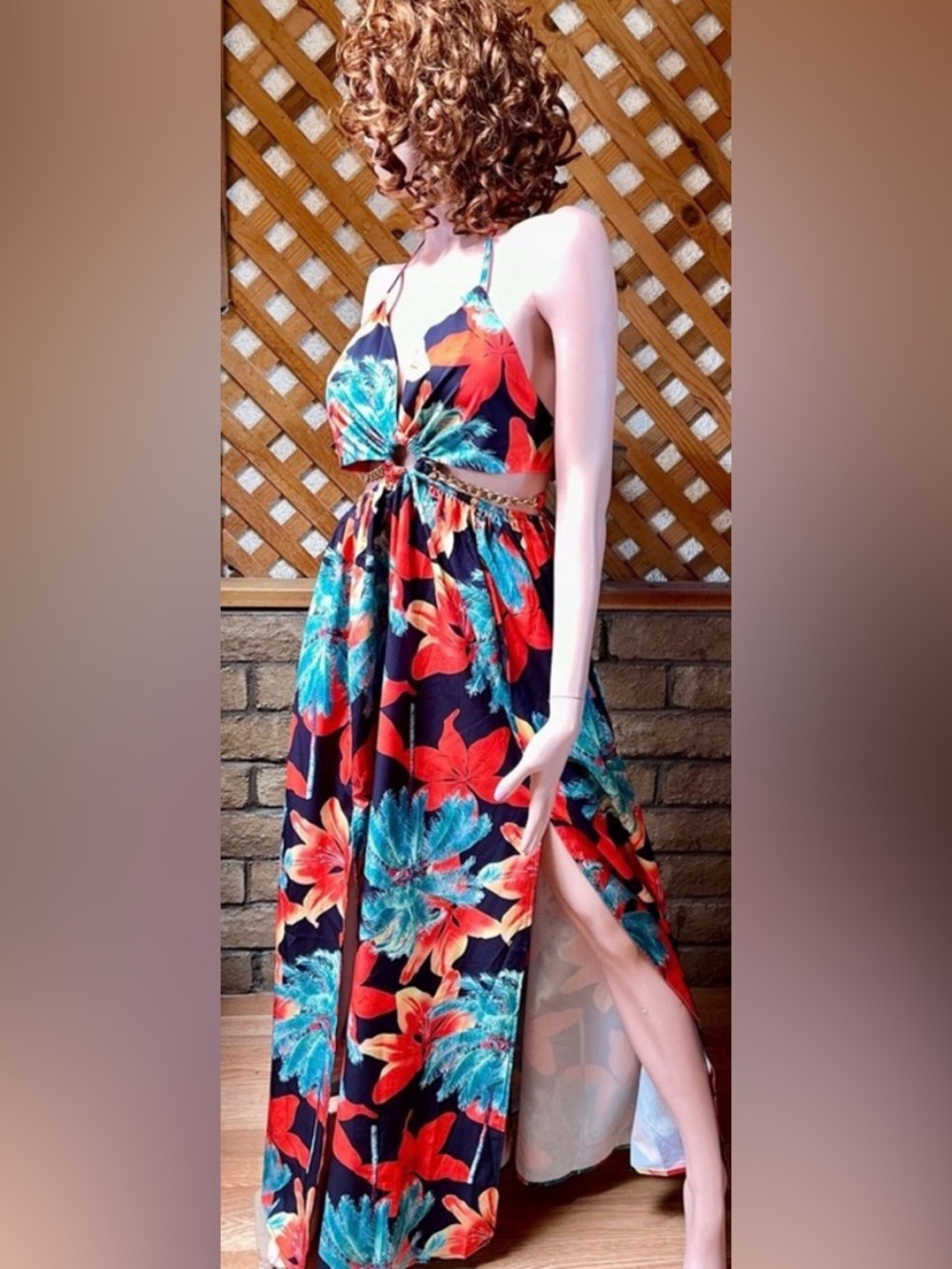 Fabulous TROPICAL Print Chain Detail MAXI Resort DRESS Size Small